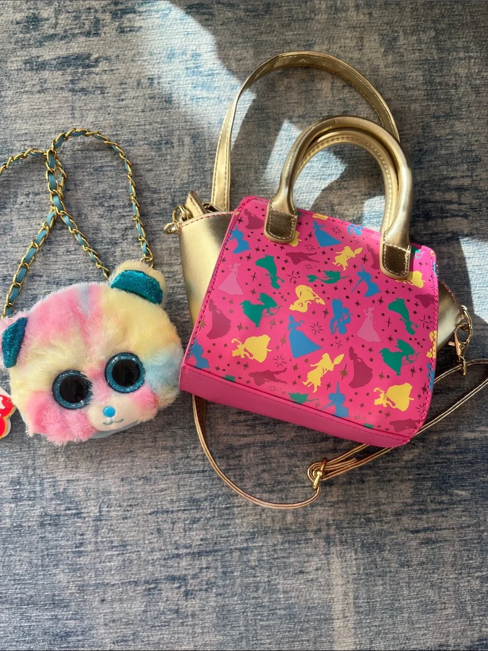 Kids Pink Gold Disney Princess Print Handbag with Gold Handles and Ty purse